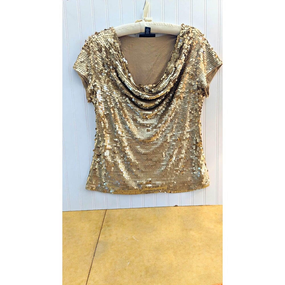 INC International Concepts NWOT Gold Sequin Cowl Neck Short Sleeve Blouse L